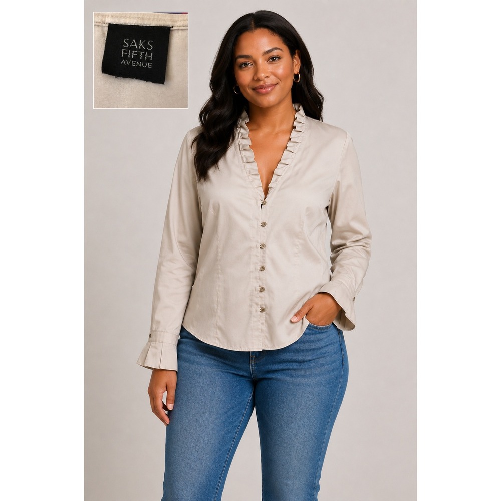 Saks Fifth Avenue Beige Ruffle V-Neck Button Front Blouse Bell Cuff Size 8